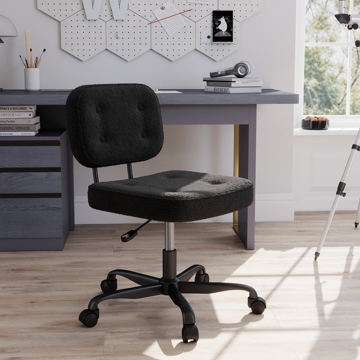 YERAIRR Armless Office Chair with Wide Seat,Teddy Fleece Fabric Home Computer Desk Chair Thickened Cushion Swivel Vanity Chair Black