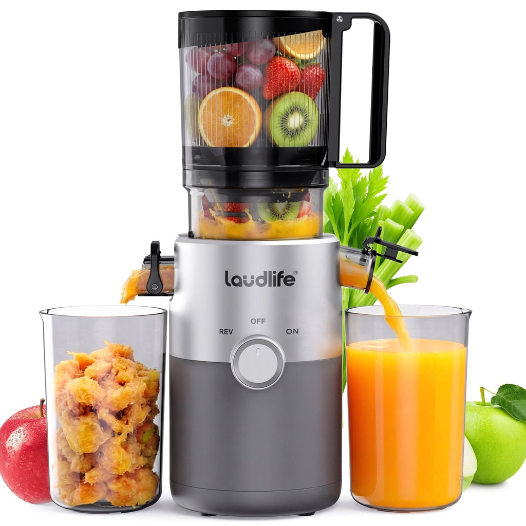 Cold Press Juicer, 5.4" Large Feed Chute Slow Masticating Juicer, High Juice Yield, Ultra Quiet, Easy Clean, BPA Free, Ideal Self-Feeding Juicer for Whole Fruits & Vegetables, Gray