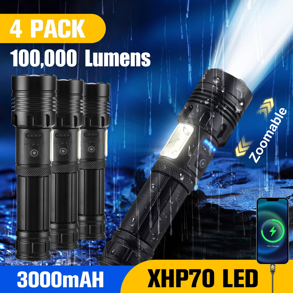 YTAKY Flashlight 4 Pack 100000 Lumens, Rechargeable Flashlight, XHP70.2 LED, 3000mAH, Waterproof, Zoomable Torch for Hiking Camping Powerful